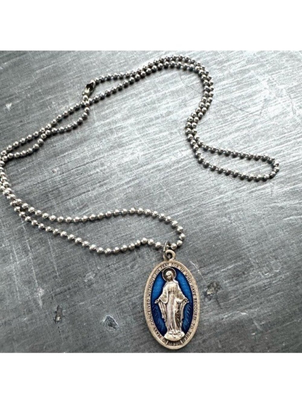 Miraculous Medal Dog Tag Necklace Blue Silver Long Men’s Pendant Chain Necklace